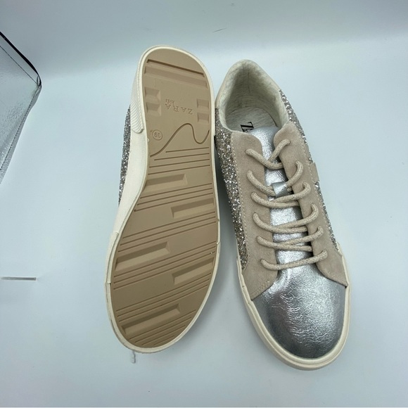 NWT. Zara Girls Silver/Tan Glitter Sneakers. Size 6. - Picture 9 of 10